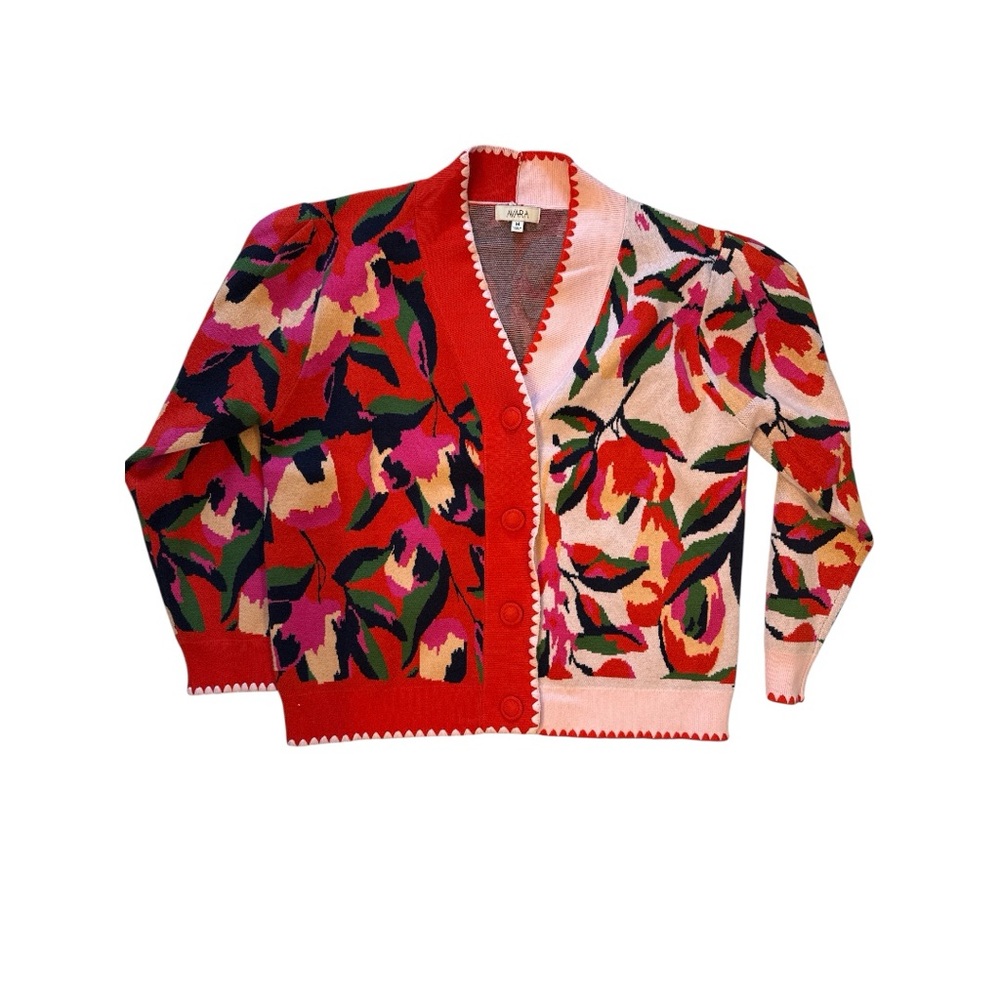 AVARA New Red Pink Floral Cardigan Size Medium